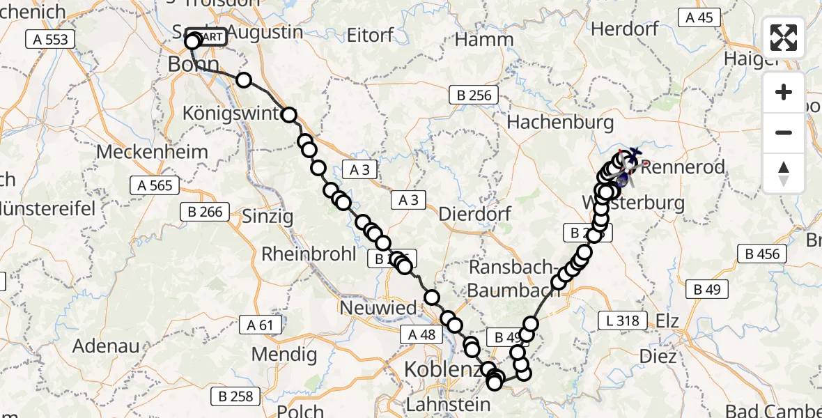 Flugroute Polizeihubschrauber Bonn - Ailertchen, 16 Juni 2026, 11:32