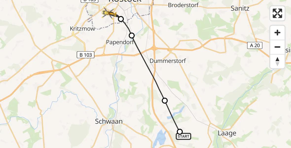 Flugroute Rettungshubschrauber Flughafen Rostock-Laage - Rostock, 16 Juni 2026, 11:32