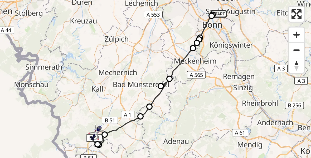 Flugroute Polizeihubschrauber Bonn - Dahlem, 16 Juni 2026, 11:33