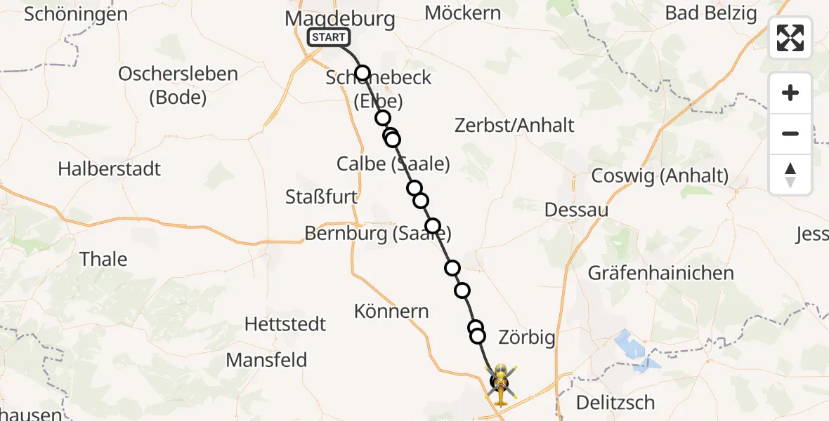 Flugroute Rettungshubschrauber Magdeburg - Halle-Oppin Flugplatz, 16 Juni 2026, 11:36