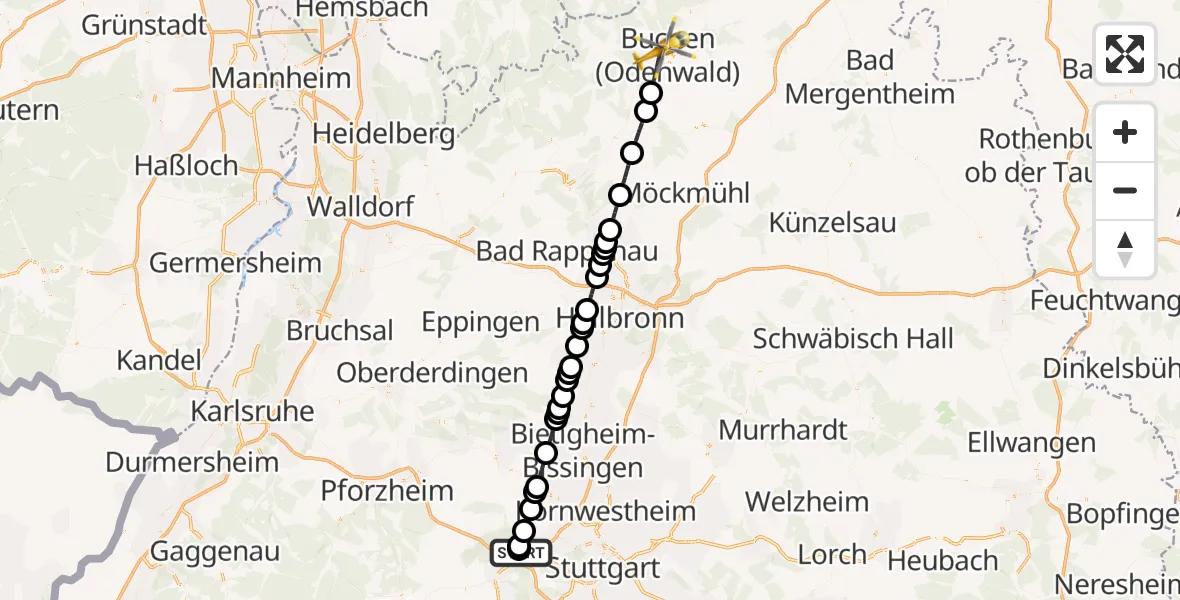 Flugroute Rettungshubschrauber Leonberg Hospital - Buchen (Odenwald), 16 Juni 2026, 11:36
