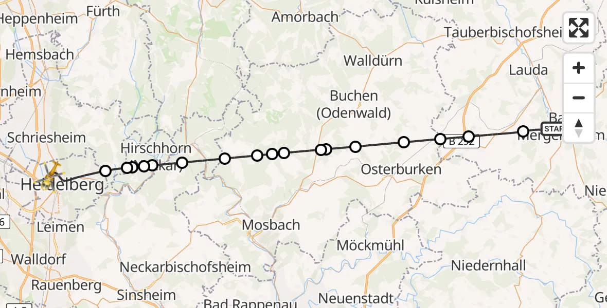 Flugroute Rettungshubschrauber Bad Mergentheim - Heidelberg, 16 Juni 2026, 11:42