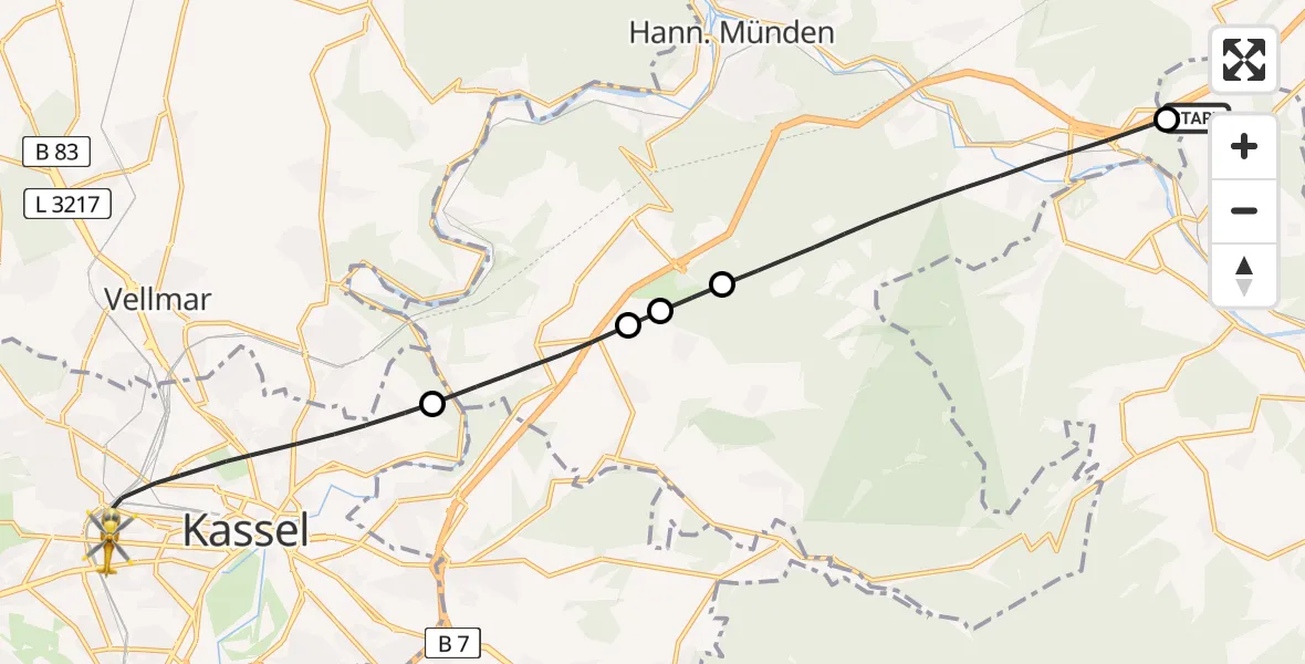 Flugroute Rettungshubschrauber Witzenhausen - Kassel, 16 Juni 2026, 11:45