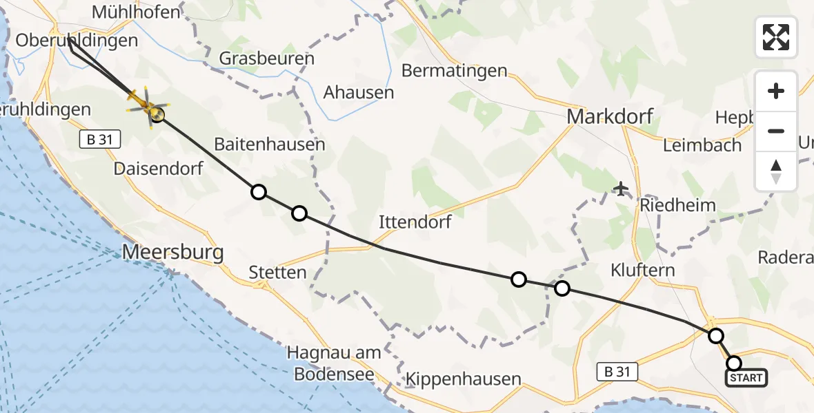 Flugroute Rettungshubschrauber Friedrichshafen Hospital - Uhldingen-Mühlhofen, 16 Juni 2026, 11:49