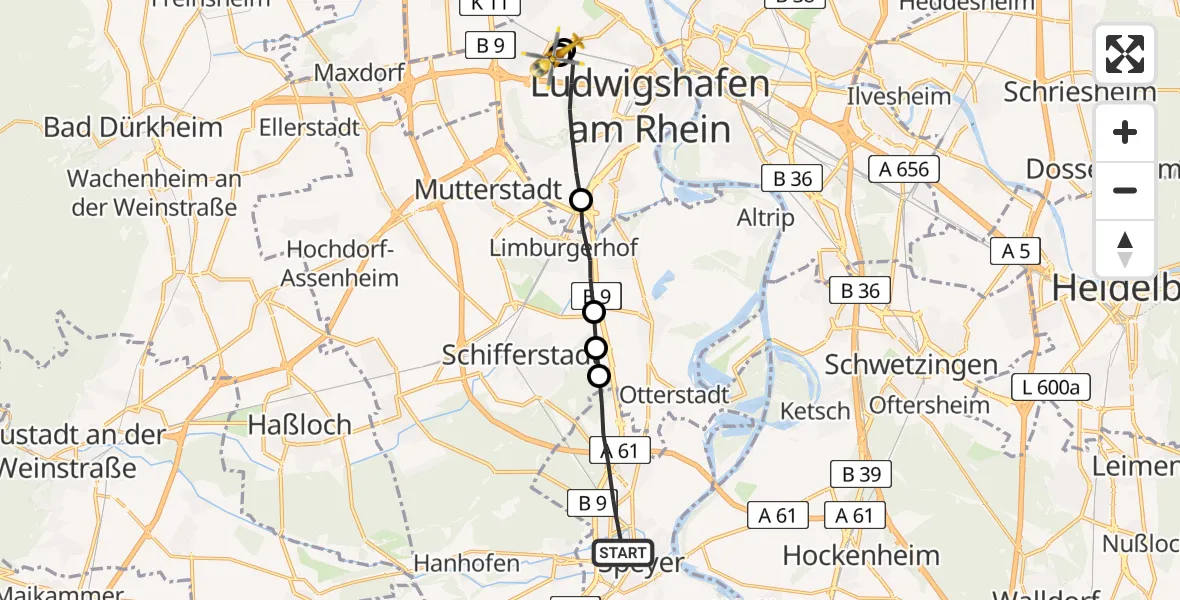 Flugroute Rettungshubschrauber Speyer - Ludwigshafen Accident Hospital, 16 Juni 2026, 11:57