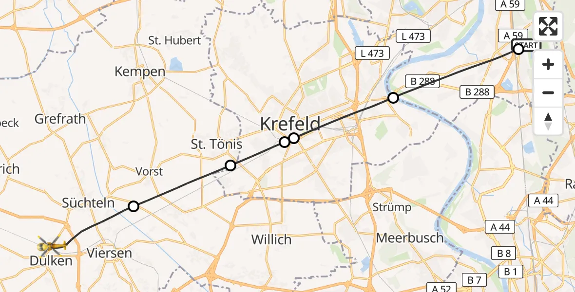 Flugroute Rettungshubschrauber Duisburg Air Rescue Hubschrauberlandeplatz (Christoph 9) - Viersen, 16 Juni 2026, 12:02