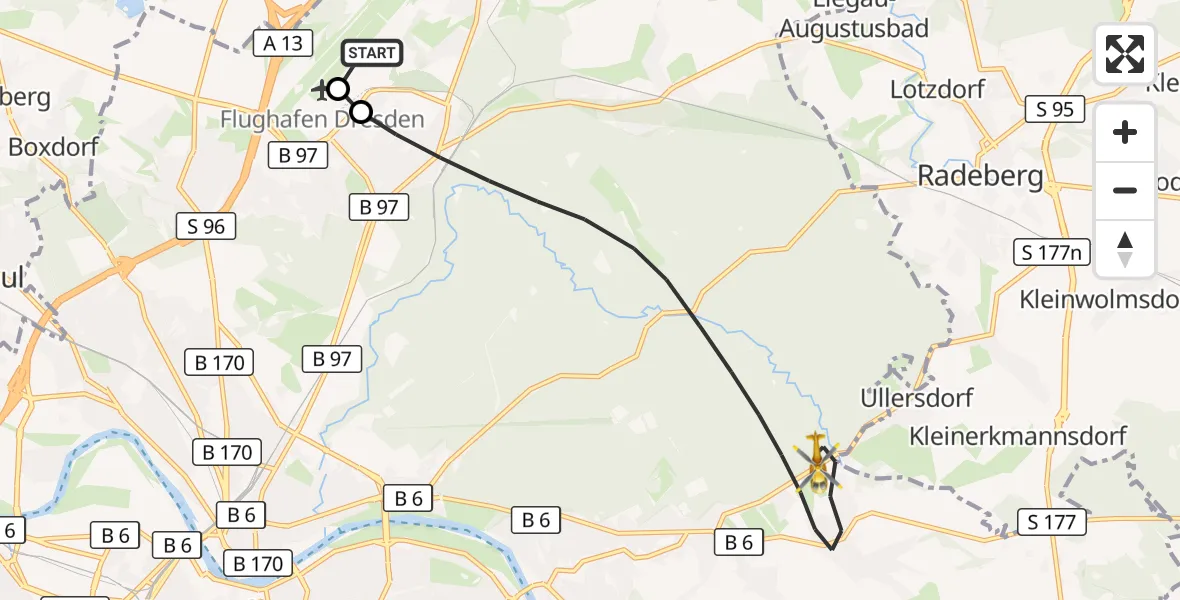 Flugroute Rettungshubschrauber Dresden Bundespolizei Hubschrauberlandeplatz - Dresden, 16 Juni 2026, 12:05