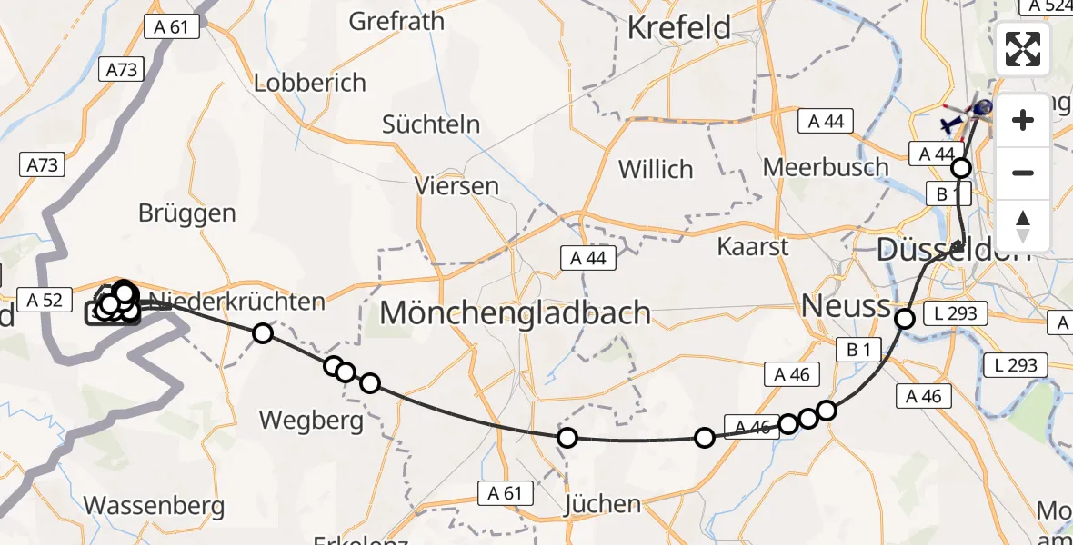 Flugroute Polizeihubschrauber Niederkrüchten - Düsseldorf Flughafen, 16 Juni 2026, 12:05