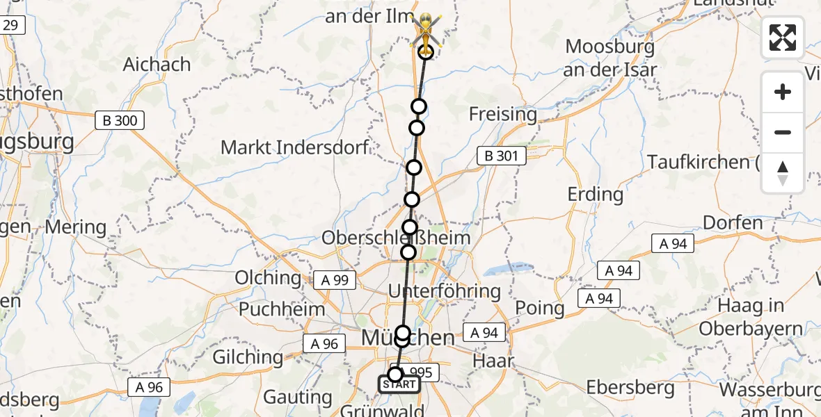 Flugroute Rettungshubschrauber ADAC Air Rescue Center Hubschrauberlandeplatz (Christoph 1) - Schweitenkirchen, 16 Juni 2026, 12:11