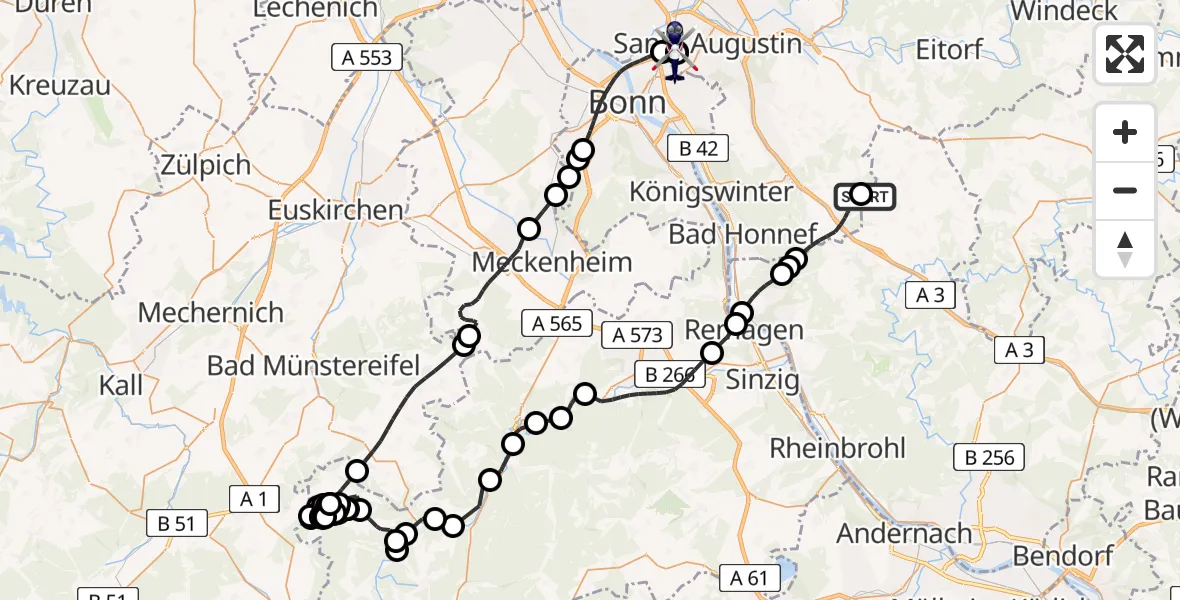 Flugroute Polizeihubschrauber Eudenbach Segelflugfeld - Sankt Augustin, 16 Juni 2026, 12:17
