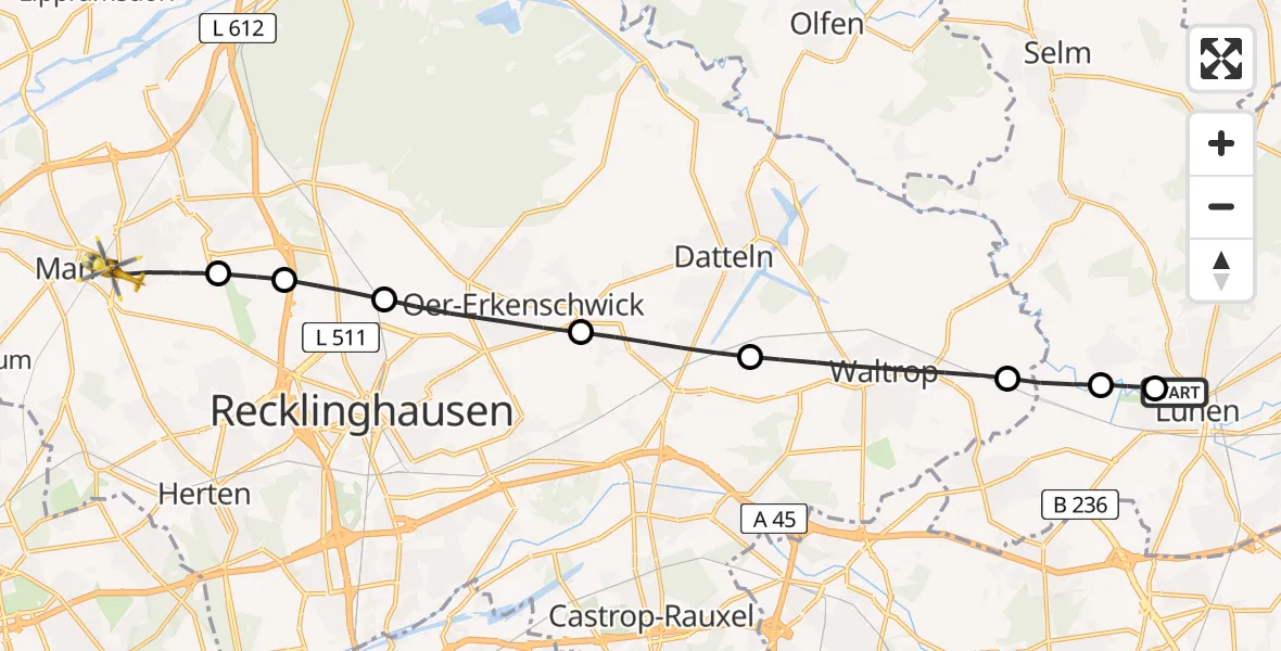 Flugroute Rettungshubschrauber Sankt Marien Hospital - Marl, 16 Juni 2026, 12:18
