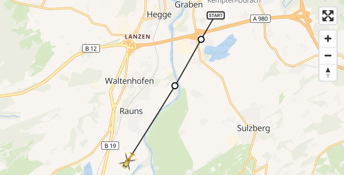 Flugroute Rettungshubschrauber Kempten-Durach Flugplatz - Waltenhofen, 16 Juni 2026, 12:18