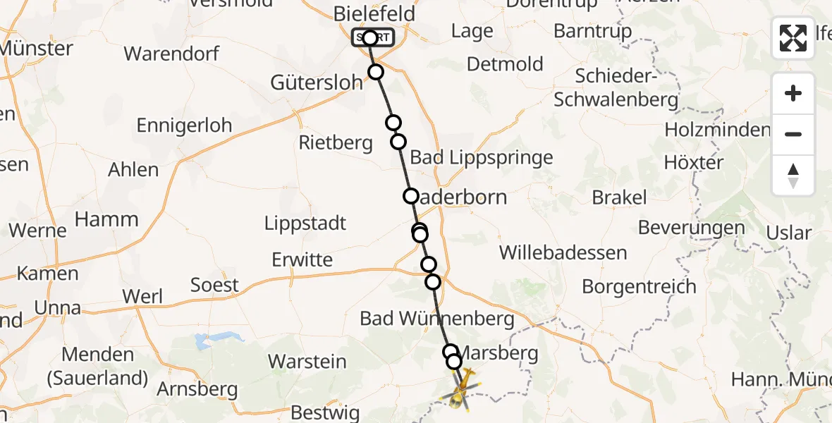 Flugroute Rettungshubschrauber Luftrettungszentrum Bielefeld - Marsberg, 16 Juni 2026, 12:21