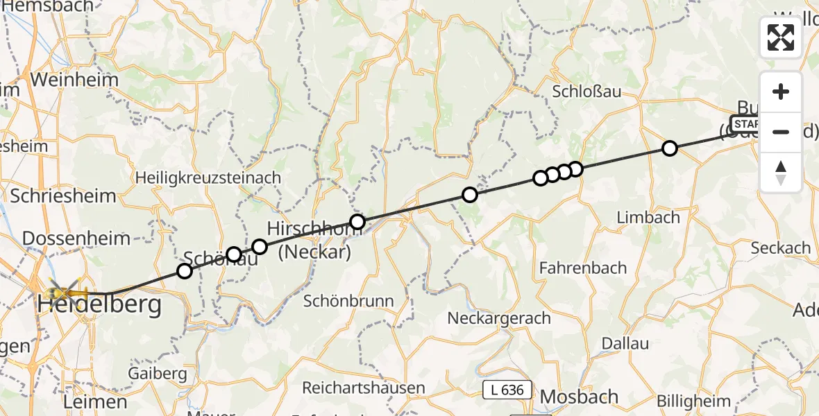 Flugroute Rettungshubschrauber Buchen (Odenwald) - Heidelberg, 16 Juni 2026, 12:25