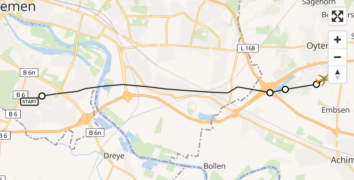 Flugroute Rettungshubschrauber ADAC Air Rescue Station Bremen Hubschrauberlandeplatz (Christoph 6) - Achim, 16 Juni 2026, 12:29