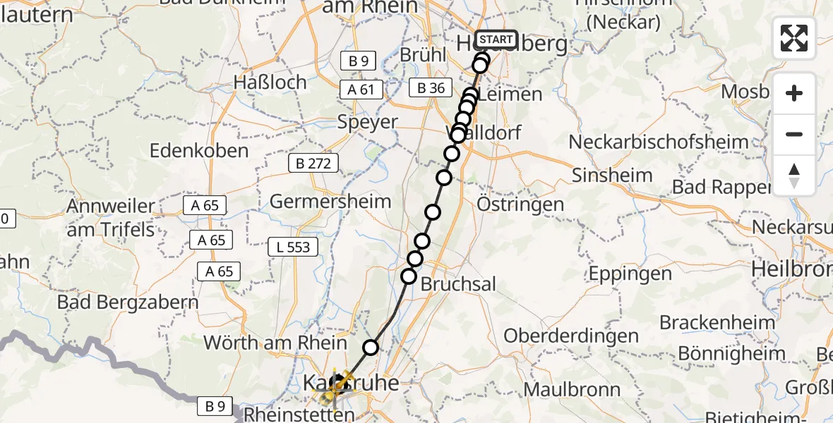Flugroute Rettungshubschrauber Heidelberg - Sankt Vincentius Hospital, 16 Juni 2026, 12:30