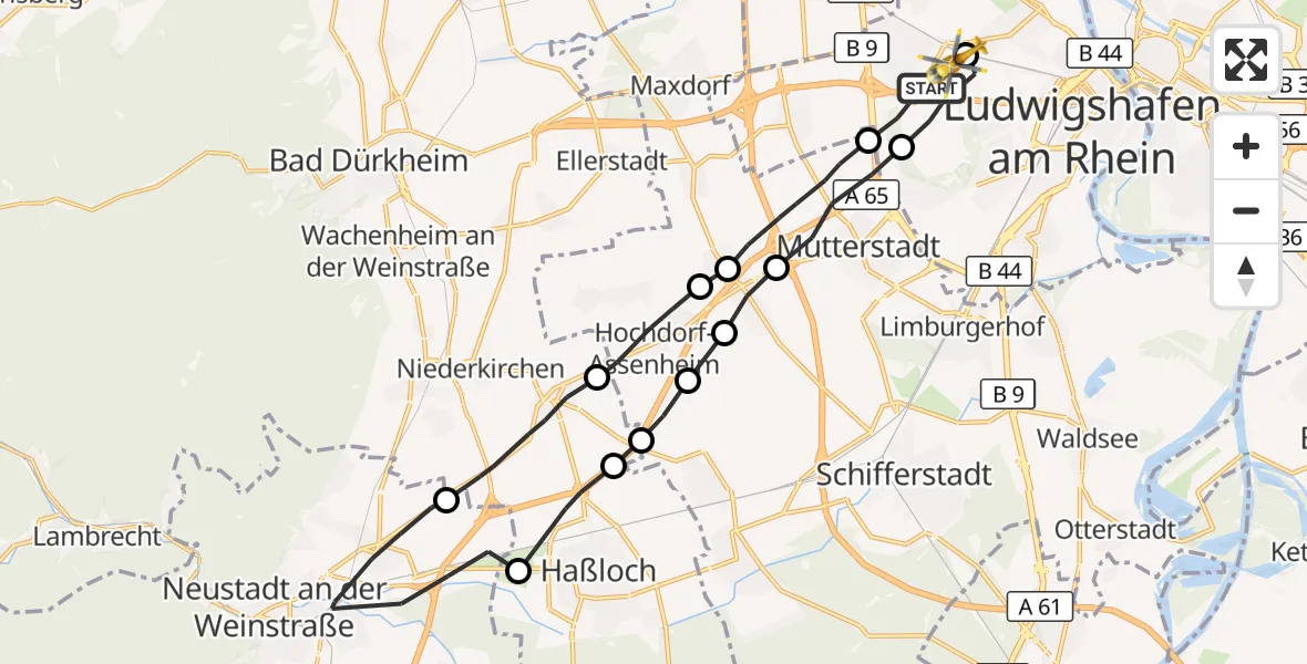 Flugroute Rettungshubschrauber Ludwigshafen am Rhein - Ludwigshafen Accident Hospital, 16 Juni 2026, 12:30
