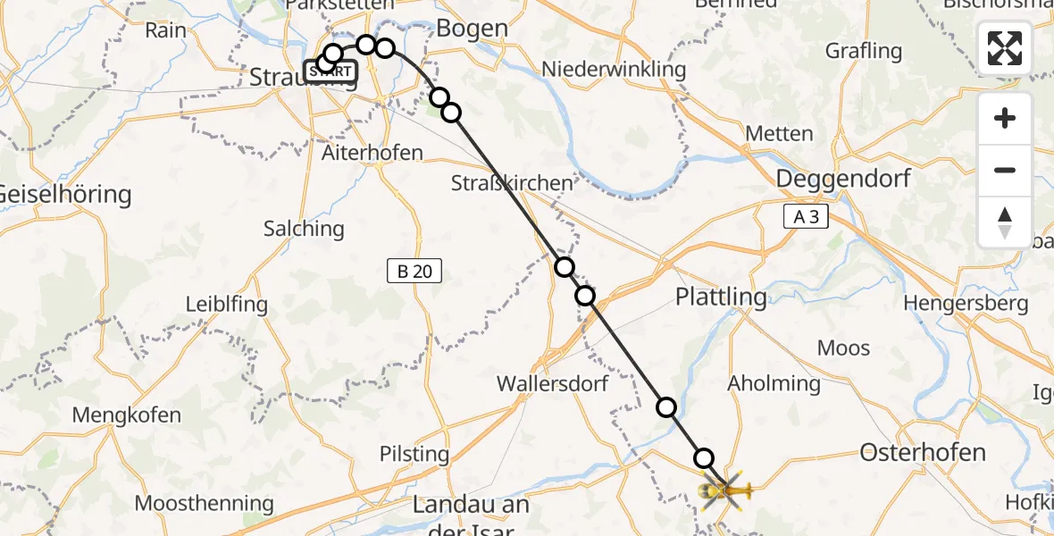 Flugroute Rettungshubschrauber Sankt Elisabeth Hospital Straubing - Wallerfing, 16 Juni 2026, 12:31