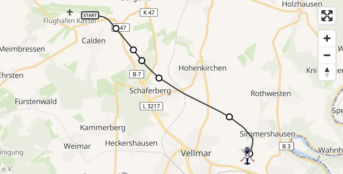 Flugroute Polizeihubschrauber Kassel Flughafen - Fuldatal Bundespolizei Hubschrauberlandeplatz, 16 Juni 2026, 12:33