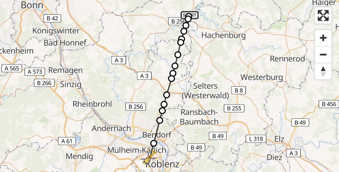 Flugroute Rettungshubschrauber Eichelhardt - Koblenz, 16 Juni 2026, 12:37