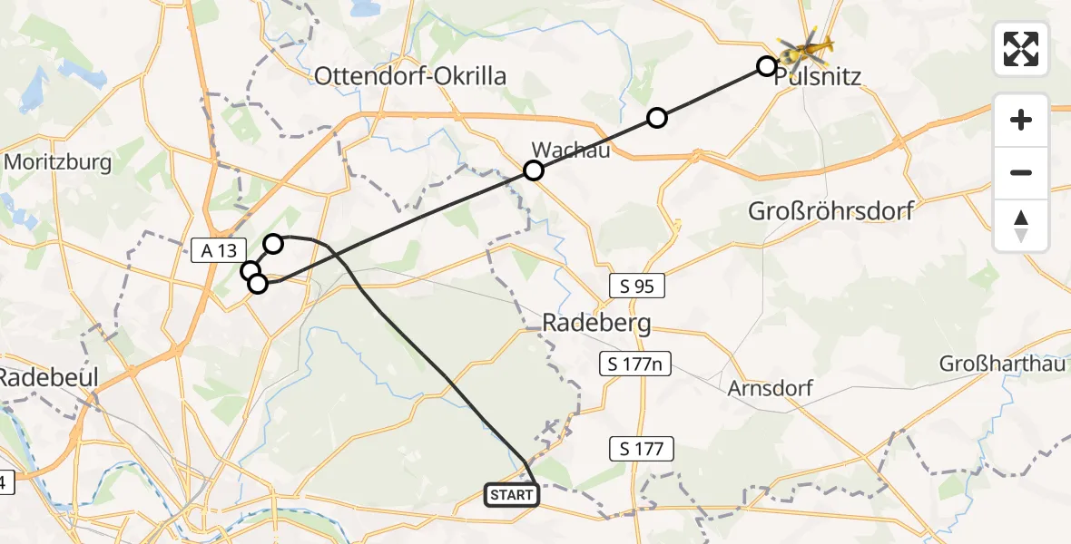 Flugroute Rettungshubschrauber Dresden - Pulsnitz, 16 Juni 2026, 12:39