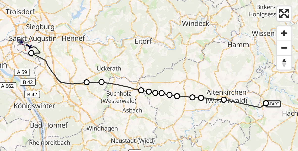 Flugroute Polizeihubschrauber Marzhausen - Sankt Augustin, 16 Juni 2026, 12:44