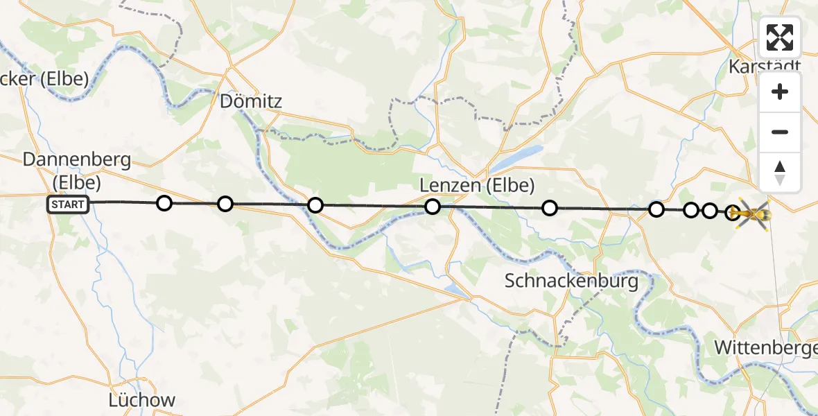 Flugroute Rettungshubschrauber Dannenberg (Elbe) - Perleberg, 16 Juni 2026, 12:45
