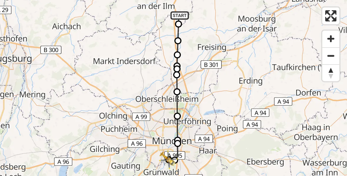 Flugroute Rettungshubschrauber Schweitenkirchen - ADAC Air Rescue Center Hubschrauberlandeplatz (Christoph 1), 16 Juni 2026, 12:47