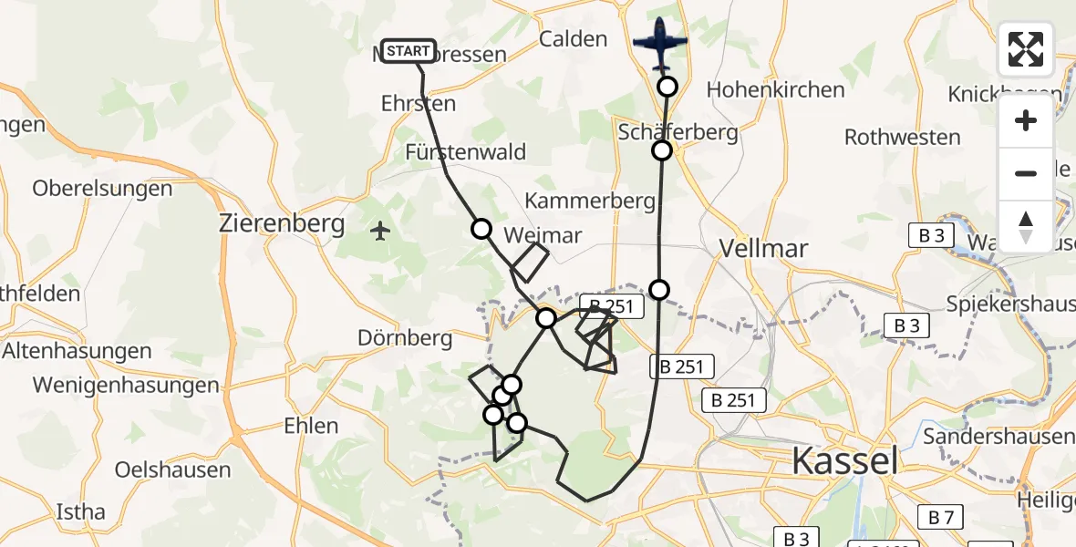 Flugroute Polizeiflugzeug Calden - Grebenstein, 16 Juni 2026, 12:55