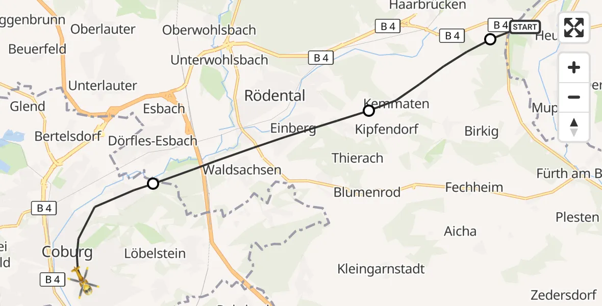 Flugroute Rettungshubschrauber Föritztal - Coburg, 16 Juni 2026, 12:58