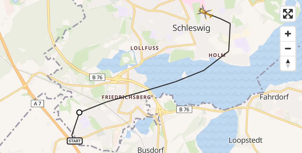 Flugroute Ambulanzhubschrauber Dannewerk - Schleswig, 16 Juni 2026, 12:58