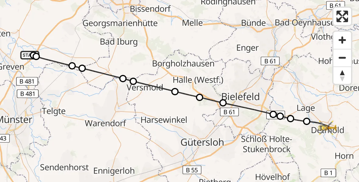 Flugroute Ambulanzhubschrauber Christoph  Westfalen-ADAC - Detmold, 16 Juni 2026, 12:59