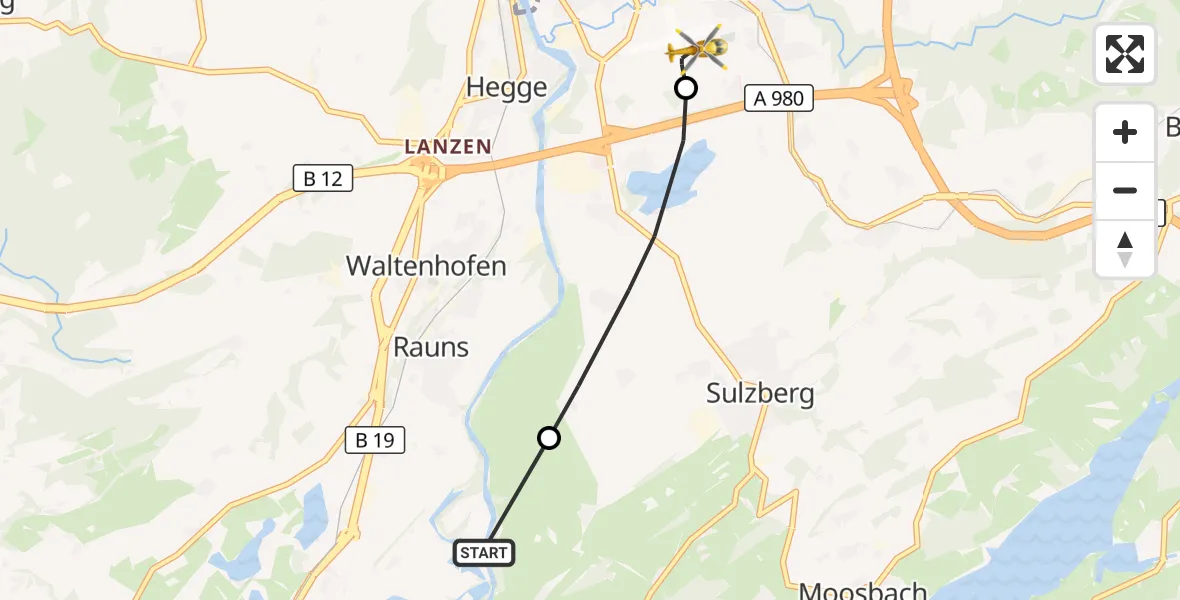 Flugroute Rettungshubschrauber Waltenhofen - Kempten-Durach Flugplatz, 16 Juni 2026, 13:02