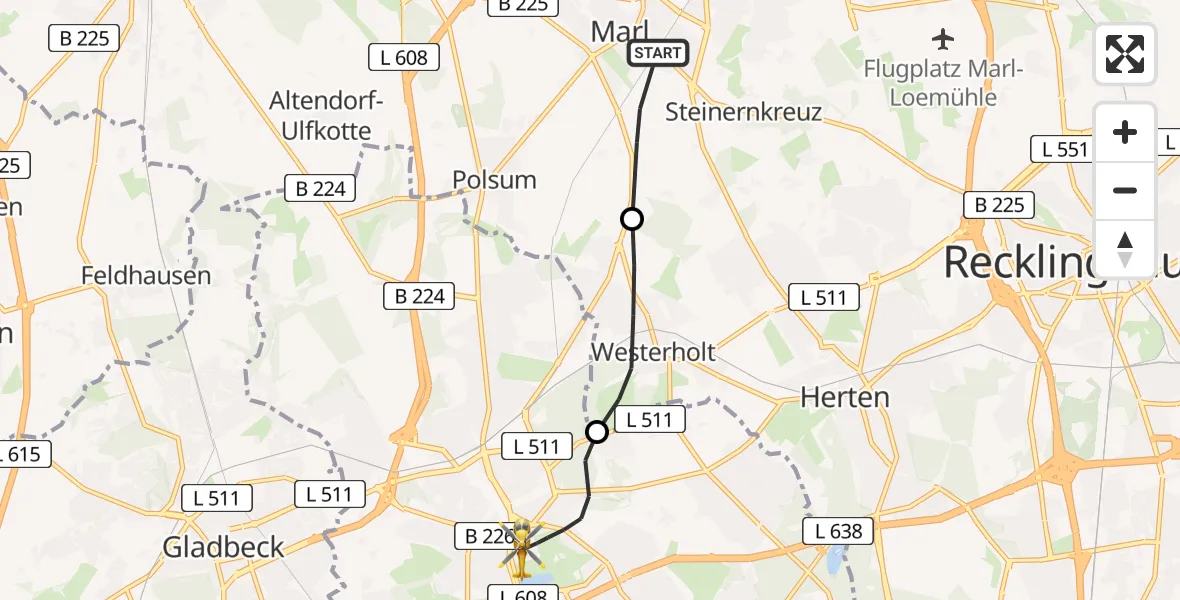 Flugroute Rettungshubschrauber Marl - Gelsenkirchen, 16 Juni 2026, 13:10