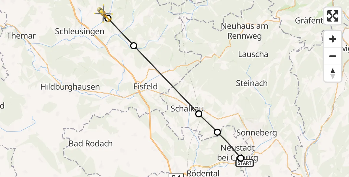 Flugroute Ambulanzhubschrauber Föritztal - Schleusingen, 16 Juni 2026, 13:10