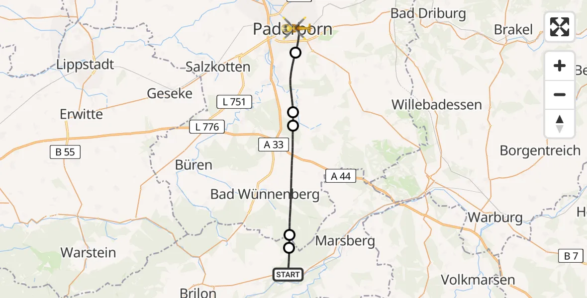 Flugroute Rettungshubschrauber Marsberg - Paderborn, 16 Juni 2026, 13:12