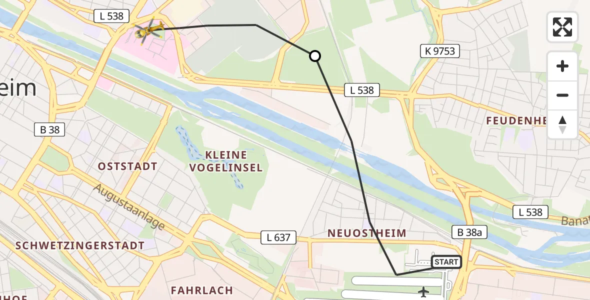 Flugroute Rettungshubschrauber Mannheim-City Flughafen - Mannheim, 16 Juni 2026, 13:13