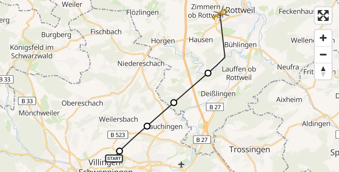 Flugroute Ambulanzhubschrauber DRF Air Rescue Station Villingen-Schwenningen Hubschrauberlandeplatz (Christoph 11) - Rottweil, 16 Juni 2026, 13:17