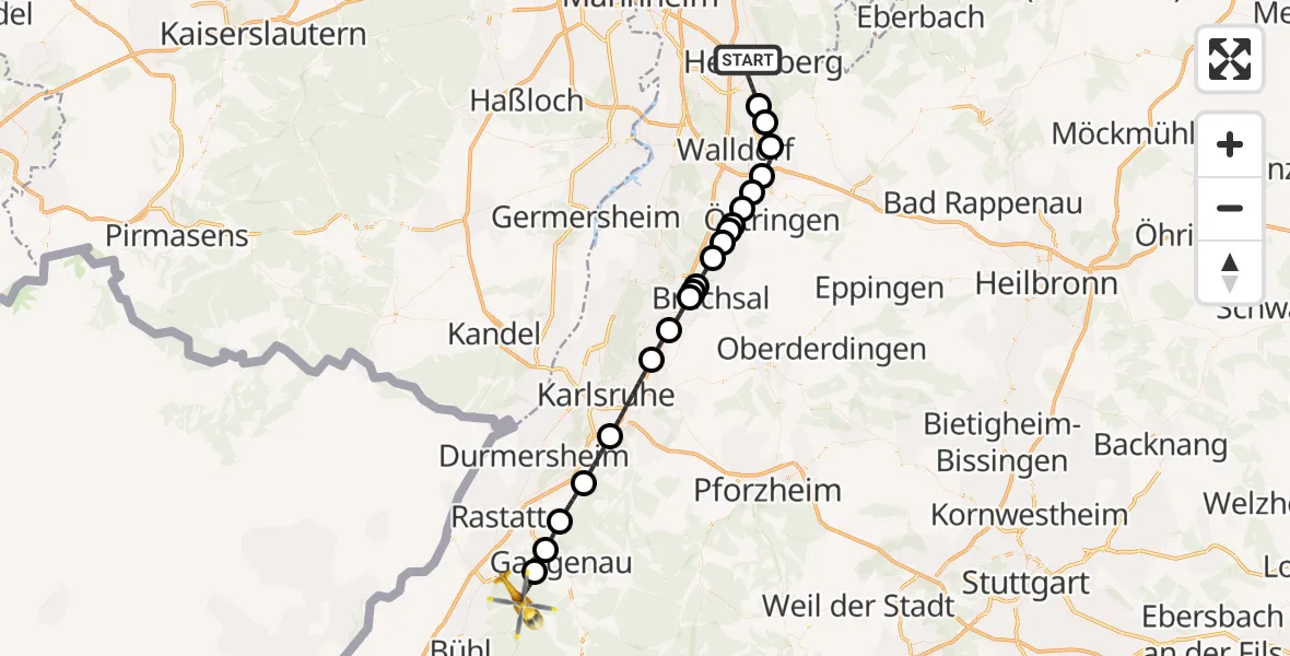 Flugroute Rettungshubschrauber Heidelberg - Baden-Baden, 16 Juni 2026, 13:27