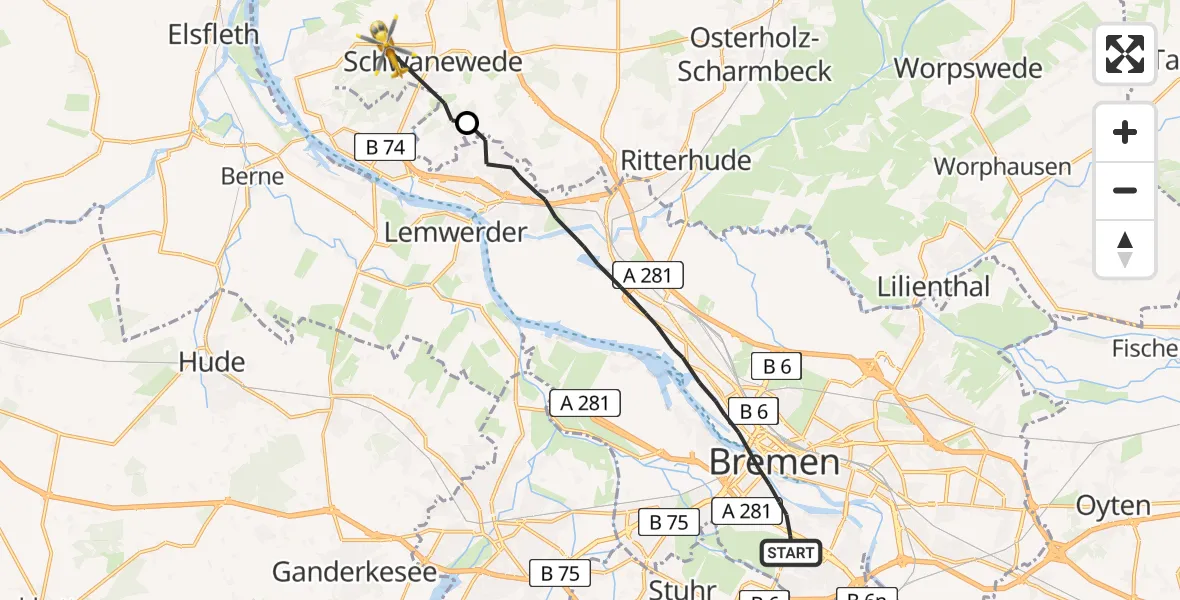 Flugroute Rettungshubschrauber Bremen - Schwanewede, 16 Juni 2026, 13:51