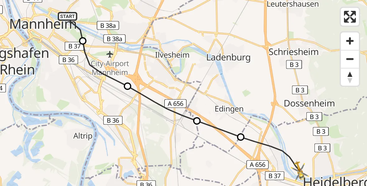 Flugroute Rettungshubschrauber Mannheim - Heidelberg, 16 Juni 2026, 13:54