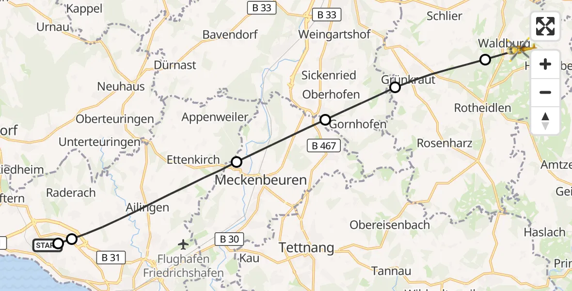 Flugroute Rettungshubschrauber Friedrichshafen Hospital - Waldburg, 16 Juni 2026, 13:58