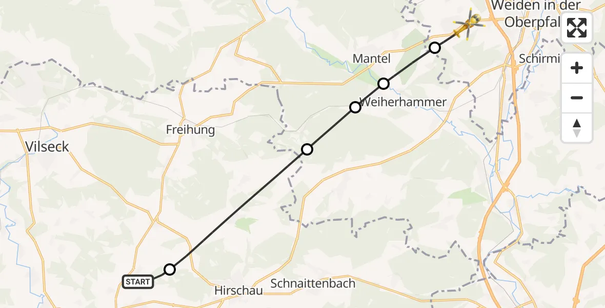Flugroute Rettungshubschrauber Gebenbach - Weiden i.d.OPf., 16 Juni 2026, 14:00
