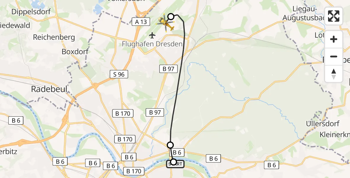 Flugroute Rettungshubschrauber Dresden University Hospital - Dresden Bundespolizei Hubschrauberlandeplatz, 16 Juni 2026, 14:05