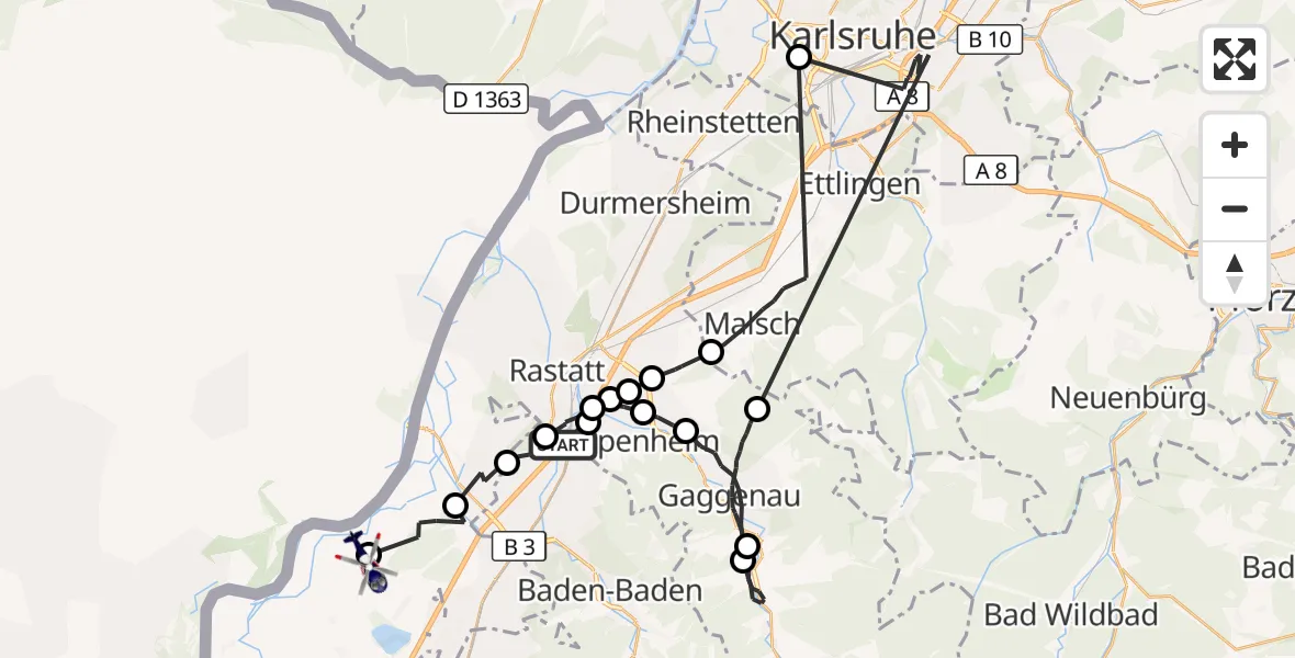 Flugroute Polizeihubschrauber Baden-Baden - Karlsruhe Baden-Baden Flughafen, 16 Juni 2026, 14:06