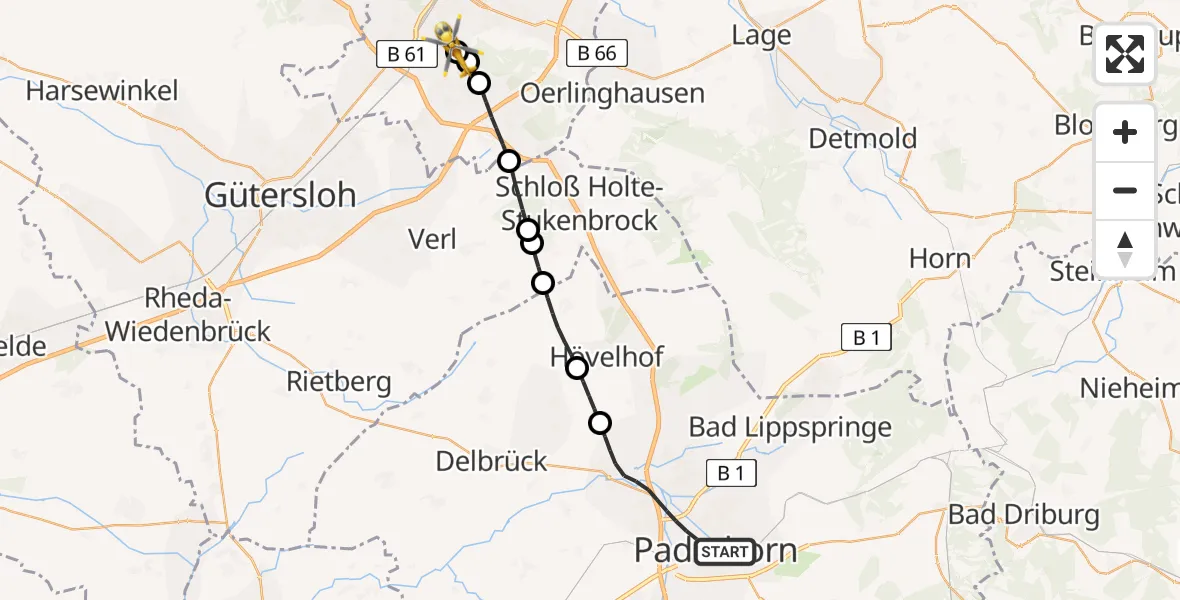 Flugroute Rettungshubschrauber Paderborn - Luftrettungszentrum Bielefeld, 16 Juni 2026, 14:07
