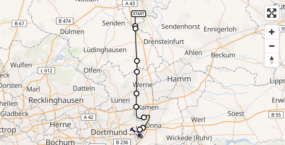 Flugroute Polizeihubschrauber Münster - Dortmund Flughafen, 16 Juni 2026, 14:11