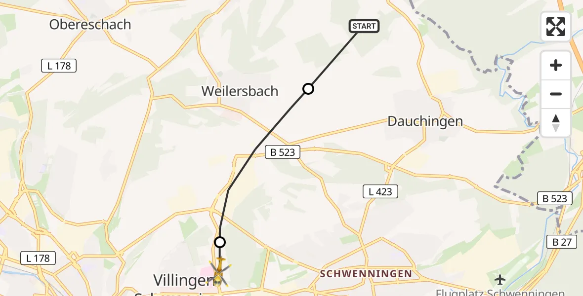 Flugroute Ambulanzhubschrauber Dauchingen - DRF Air Rescue Station Villingen-Schwenningen Hubschrauberlandeplatz (Christoph 11), 16 Juni 2026, 14:19