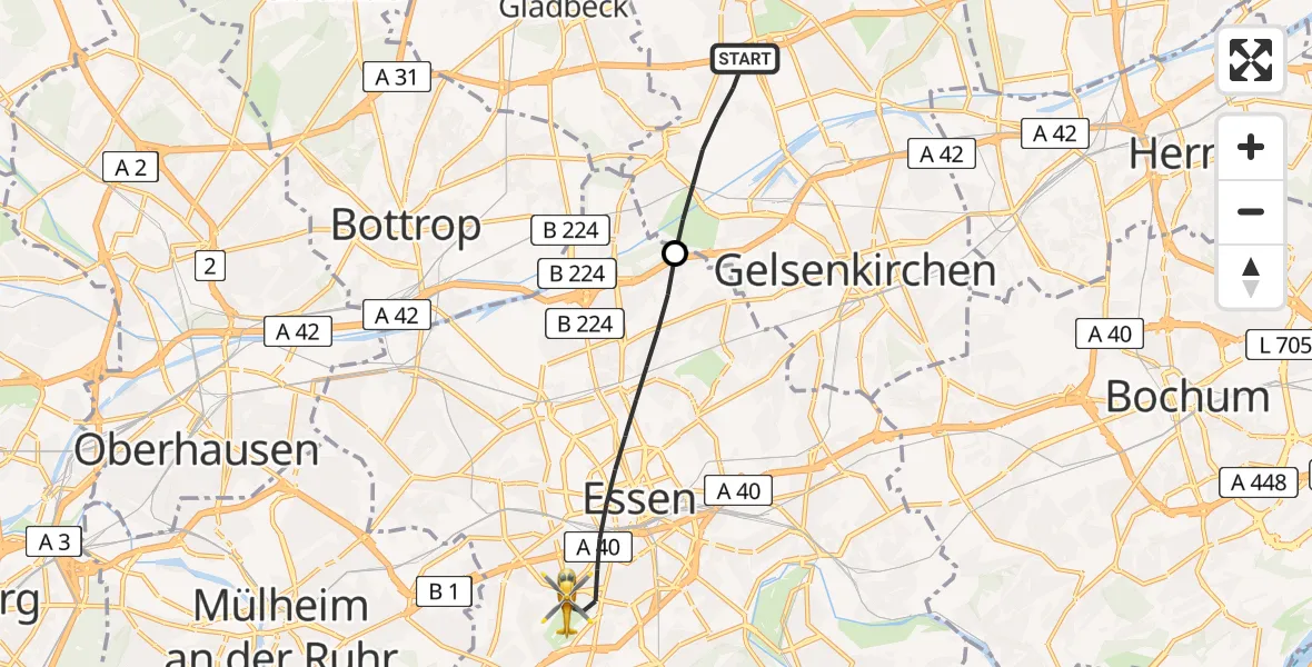 Flugroute Rettungshubschrauber Gelsenkirchen - Essen, 16 Juni 2026, 14:25