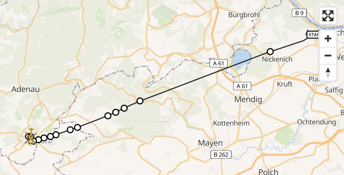 Flugroute Ambulanzhubschrauber Andernach - Nürburgring Hubschrauberlandeplatz, 16 Juni 2026, 14:28